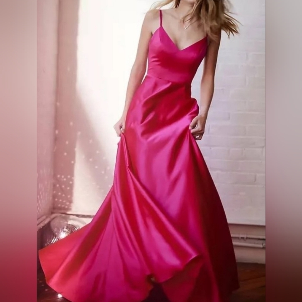 JULES AND CLEO DAVID'S BRIDAL Satin Spaghetti Strap A Line Dress Hot Pink Size 4 - Picture 3 of 15